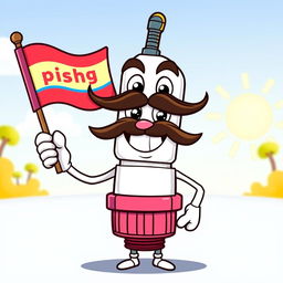 A cheerful cartoon mustache spark plug character with a big smile, holding a colorful flag in one hand