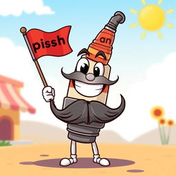 A cheerful cartoon mustache spark plug character with a big smile, holding a colorful flag in one hand