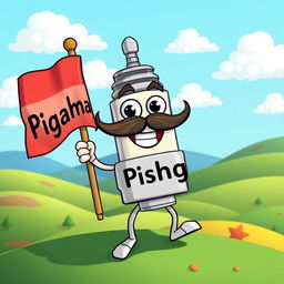 A whimsical and joyful mustache spark plug character holding a flag that reads 'Pishgaman'