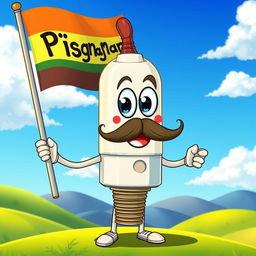 A whimsical and joyful mustache spark plug character holding a flag that reads 'Pishgaman'