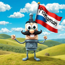 A whimsical and joyful mustache spark plug character holding a flag that reads 'Pishgaman'