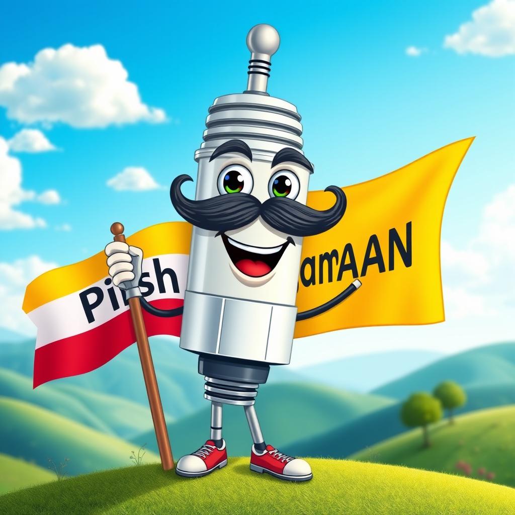 A whimsical and joyful mustache spark plug character holding a flag that reads 'Pishgaman'