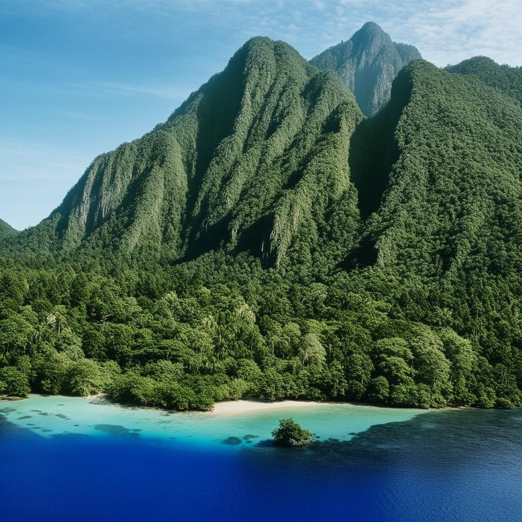 A breathtaking view of a towering mountain peaking from a lush, tropical island surrounded by crystal clear water.