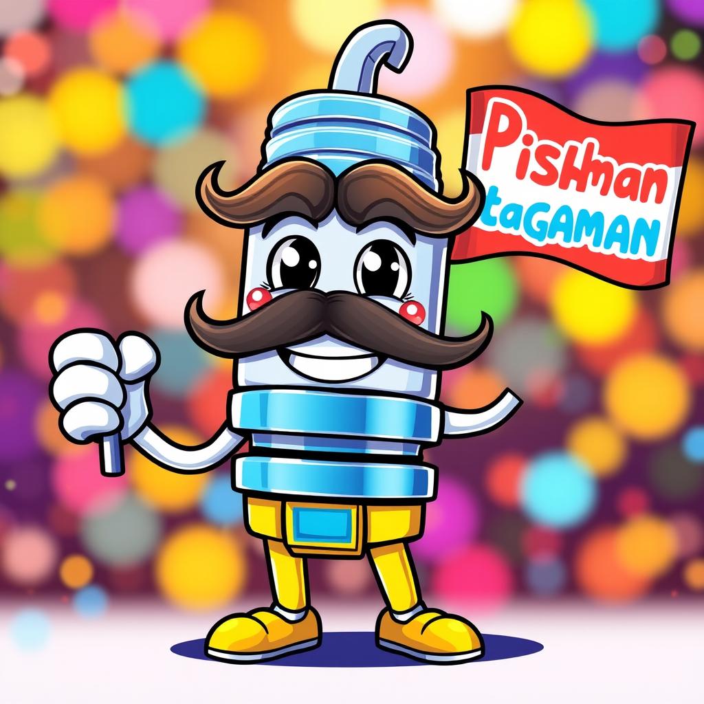 A cheerful cartoon mustache spark plug character, with a big smile and bright eyes, holding a colorful flag in one hand