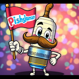 A cheerful cartoon mustache spark plug character, with a big smile and bright eyes, holding a colorful flag in one hand