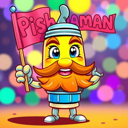 A cheerful cartoon mustache spark plug character, with a big smile and bright eyes, holding a colorful flag in one hand
