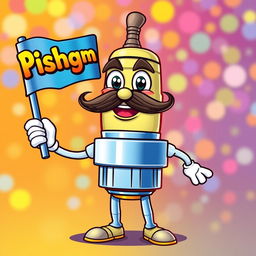 A cheerful cartoon mustache spark plug character, with a big smile and bright eyes, holding a colorful flag in one hand
