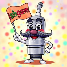 A cheerful cartoon mustache spark plug character, with a wide smile and expressive eyes, proudly holding a colorful flag in one hand