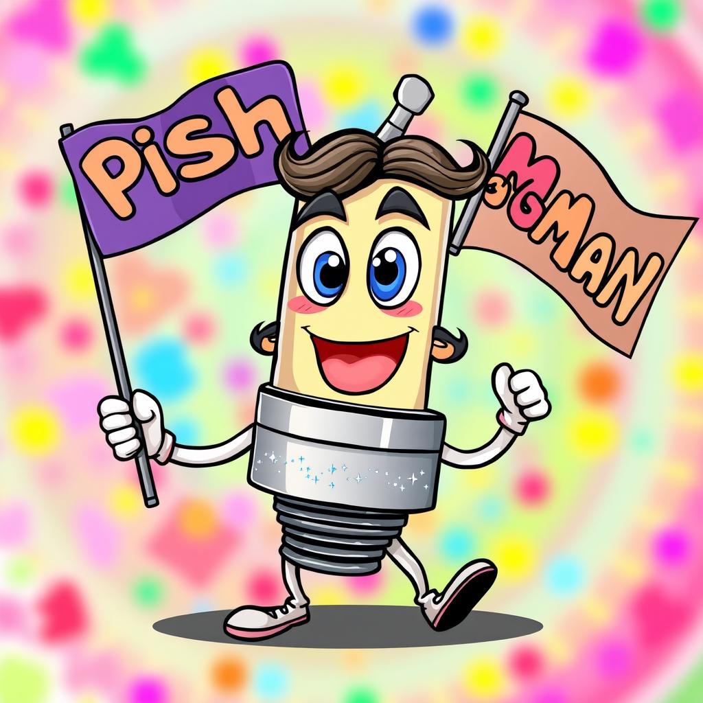 A cheerful cartoon mustache spark plug character, with a wide smile and expressive eyes, proudly holding a colorful flag in one hand