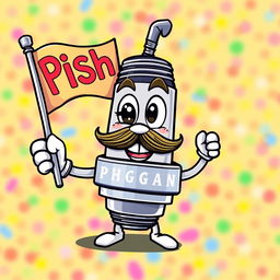 A cheerful cartoon mustache spark plug character, with a wide smile and expressive eyes, proudly holding a colorful flag in one hand