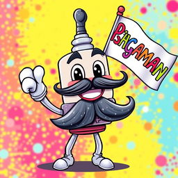 A cheerful cartoon mustache spark plug character, with a wide smile and expressive eyes, proudly holding a colorful flag in one hand