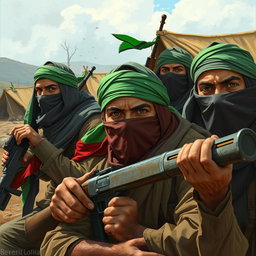 A dynamic scene illustrating freedom fighters with their faces covered by scarves and sporting vibrant green headbands, strategically positioned to defend their camp