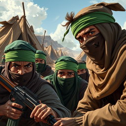 A dynamic scene illustrating freedom fighters with their faces covered by scarves and sporting vibrant green headbands, strategically positioned to defend their camp