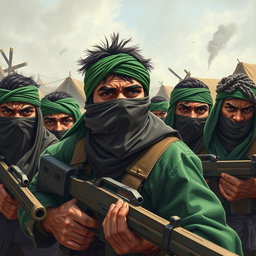 A dynamic scene illustrating freedom fighters with their faces covered by scarves and sporting vibrant green headbands, strategically positioned to defend their camp