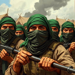 A dynamic scene illustrating freedom fighters with their faces covered by scarves and sporting vibrant green headbands, strategically positioned to defend their camp