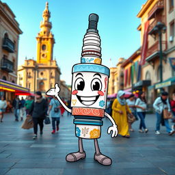 A joyful cartoon spark plug character, anthropomorphized with a big smile and bright eyes, standing in the bustling Saat Square in Sari city