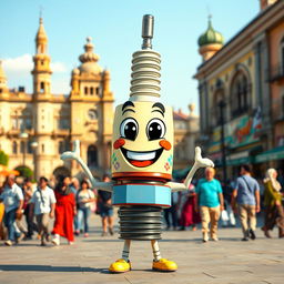 A joyful cartoon spark plug character, anthropomorphized with a big smile and bright eyes, standing in the bustling Saat Square in Sari city