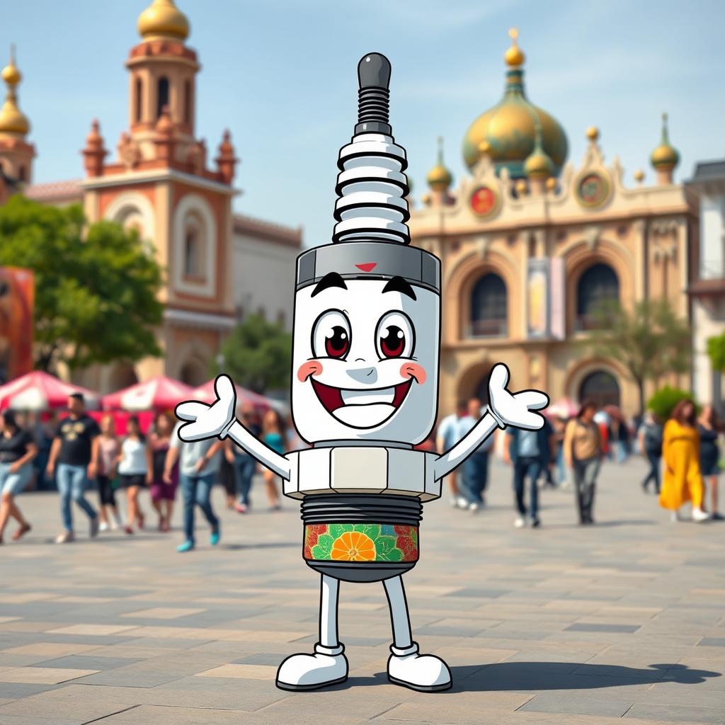 A joyful cartoon spark plug character, anthropomorphized with a big smile and bright eyes, standing in the bustling Saat Square in Sari city