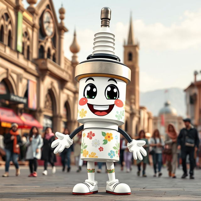 A joyful cartoon spark plug character, anthropomorphized with a big smile and bright eyes, standing in the bustling Saat Square in Sari city