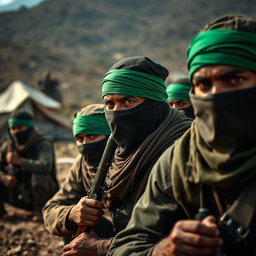 A gripping scene featuring freedom fighters with their faces obscured by scarves and wearing striking green headbands, actively defending their camp