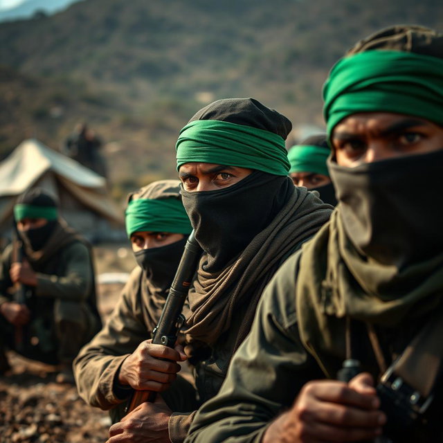 A gripping scene featuring freedom fighters with their faces obscured by scarves and wearing striking green headbands, actively defending their camp
