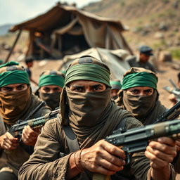 A gripping scene featuring freedom fighters with their faces obscured by scarves and wearing striking green headbands, actively defending their camp