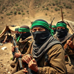 A gripping scene featuring freedom fighters with their faces obscured by scarves and wearing striking green headbands, actively defending their camp