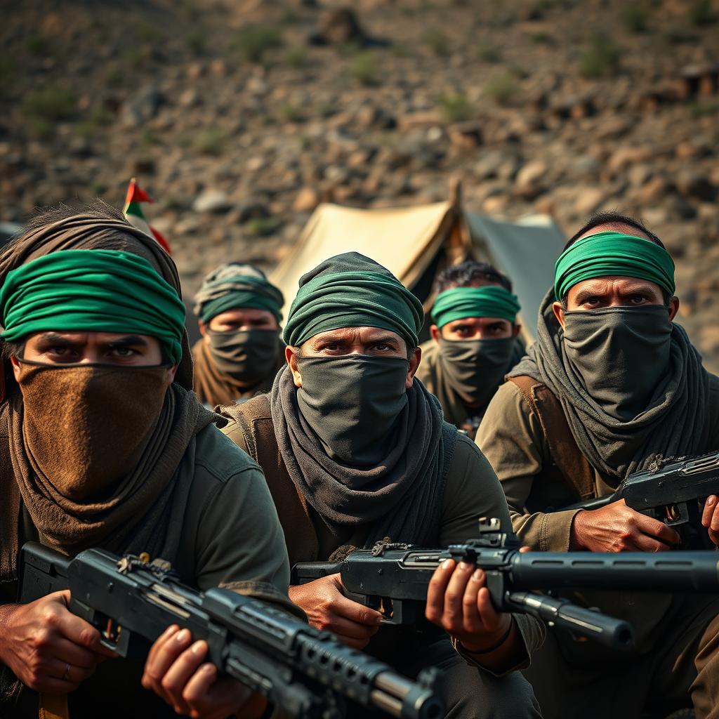 A gripping scene featuring freedom fighters with their faces obscured by scarves and wearing striking green headbands, actively defending their camp