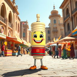 A happy spark plug character, with a cheerful and animated expression, standing proudly in Sari, Iran, amidst the vibrant atmosphere of Saat Square