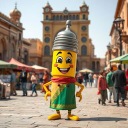 A happy spark plug character, with a cheerful and animated expression, standing proudly in Sari, Iran, amidst the vibrant atmosphere of Saat Square