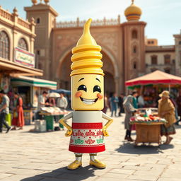 A happy spark plug character, with a cheerful and animated expression, standing proudly in Sari, Iran, amidst the vibrant atmosphere of Saat Square