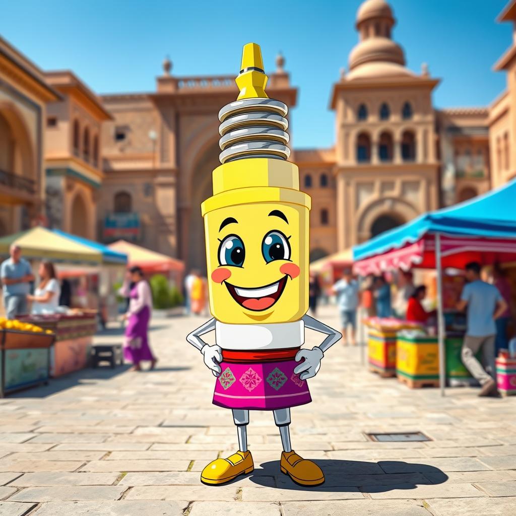 A happy spark plug character, with a cheerful and animated expression, standing proudly in Sari, Iran, amidst the vibrant atmosphere of Saat Square