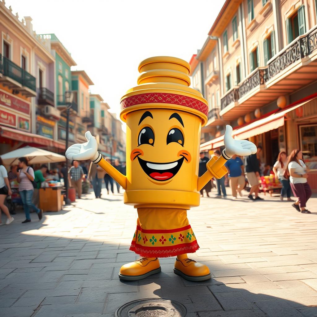 A happy spark plug character, radiating joy with a big smile, set in the lively atmosphere of Sari city in Mazandaran province, specifically at Saat Square