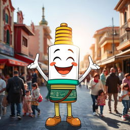 A happy spark plug character, radiating joy with a big smile, set in the lively atmosphere of Sari city in Mazandaran province, specifically at Saat Square