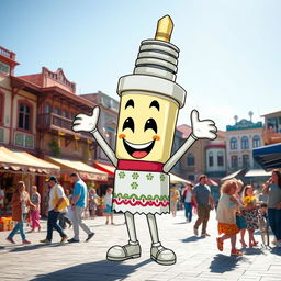 A happy spark plug character, radiating joy with a big smile, set in the lively atmosphere of Sari city in Mazandaran province, specifically at Saat Square