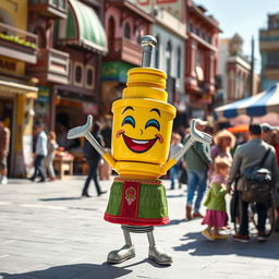 A happy spark plug character, radiating joy with a big smile, set in the lively atmosphere of Sari city in Mazandaran province, specifically at Saat Square