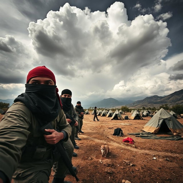 A distant perspective capturing freedom fighters with their faces covered by scarves, defending their camps in a dramatic and expansive landscape