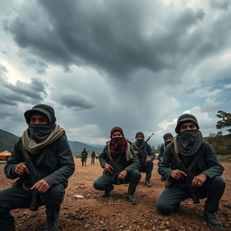 A distant perspective capturing freedom fighters with their faces covered by scarves, defending their camps in a dramatic and expansive landscape