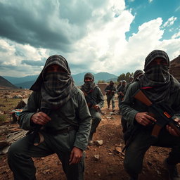 A distant perspective capturing freedom fighters with their faces covered by scarves, defending their camps in a dramatic and expansive landscape