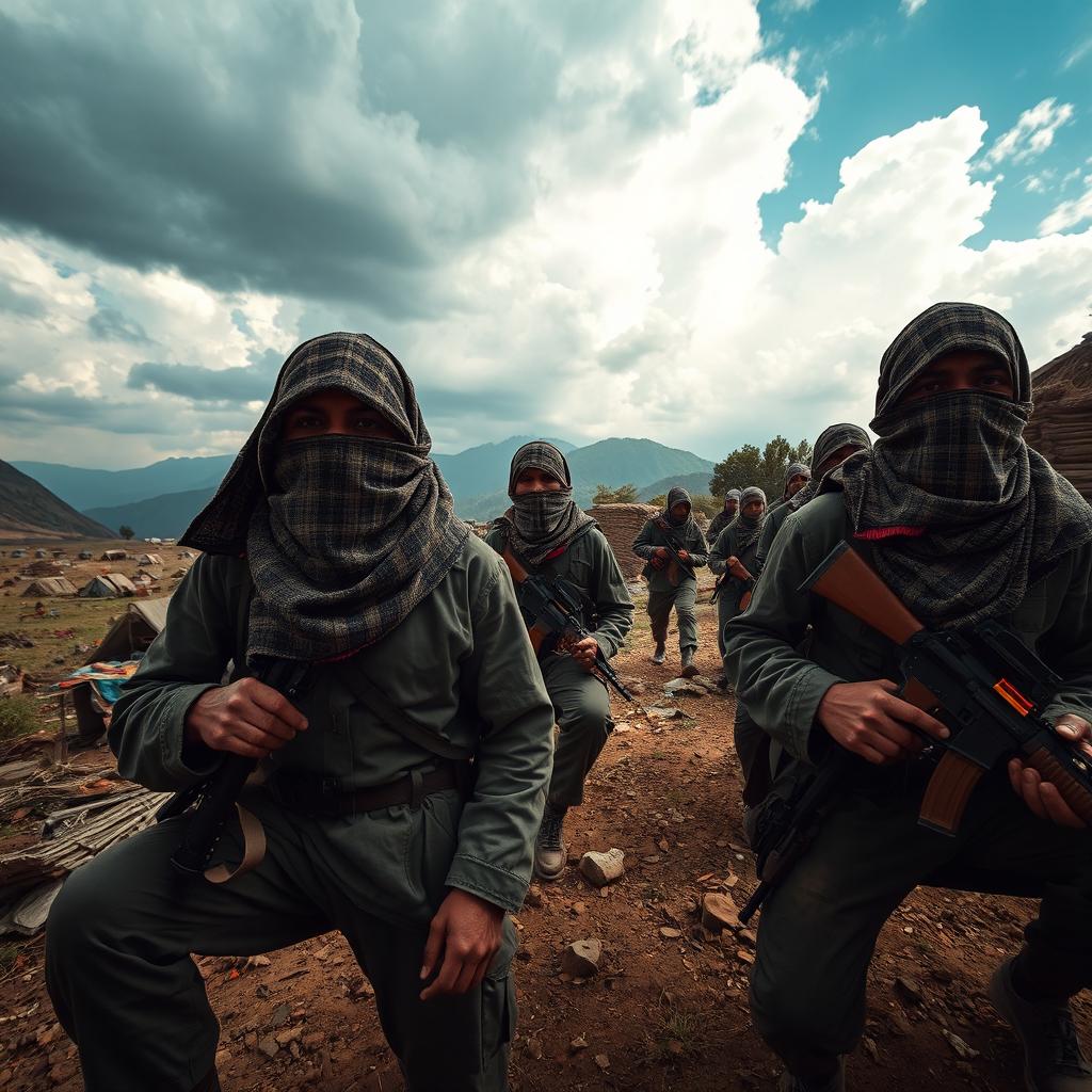 A distant perspective capturing freedom fighters with their faces covered by scarves, defending their camps in a dramatic and expansive landscape