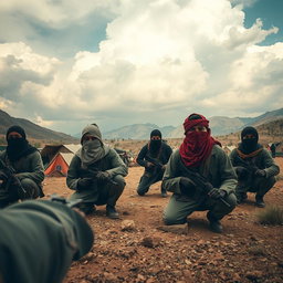A distant perspective capturing freedom fighters with their faces covered by scarves, defending their camps in a dramatic and expansive landscape