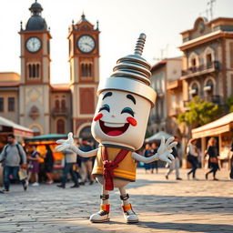 A joyful spark plug character with a big smile, set in the picturesque Clock Square of Sari city in Mazandaran province, Iran