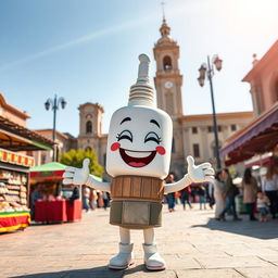 A joyful spark plug character with a big smile, set in the picturesque Clock Square of Sari city in Mazandaran province, Iran