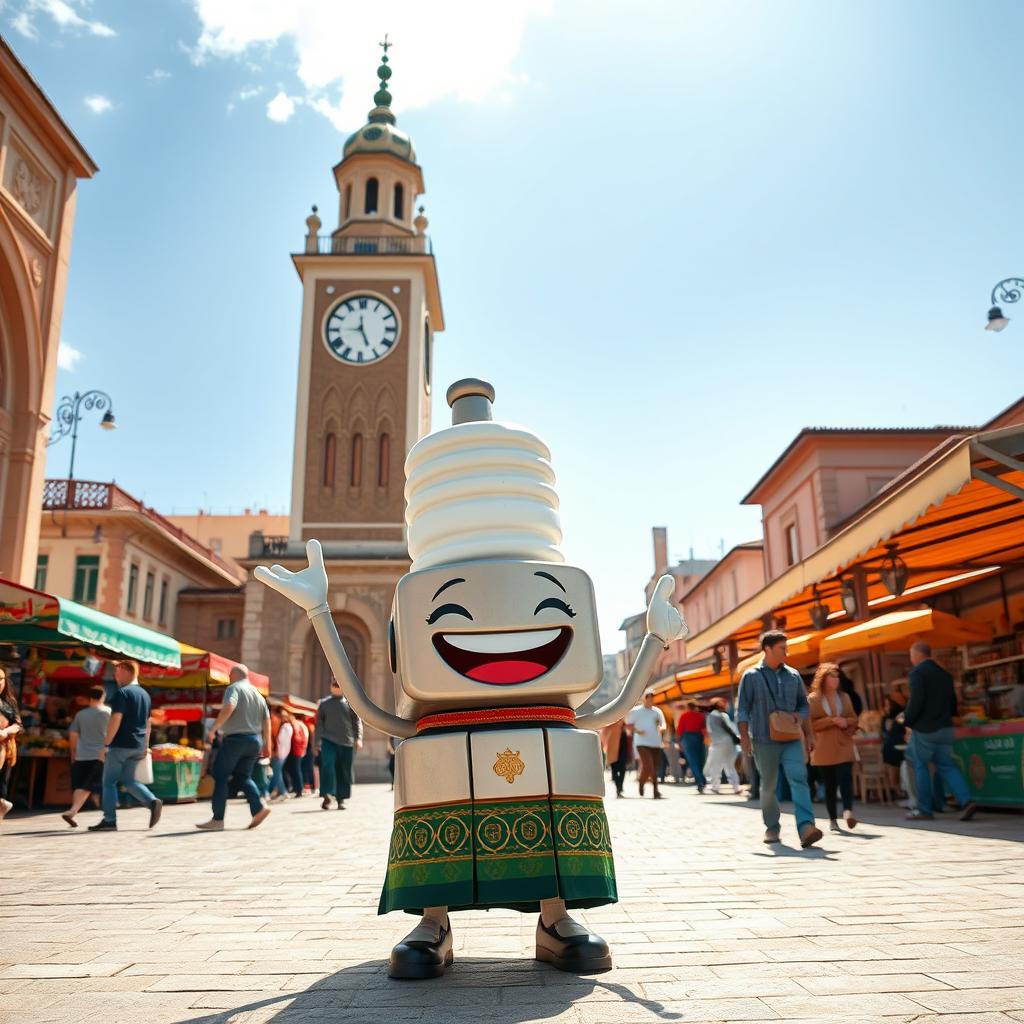A joyful spark plug character with a big smile, set in the picturesque Clock Square of Sari city in Mazandaran province, Iran
