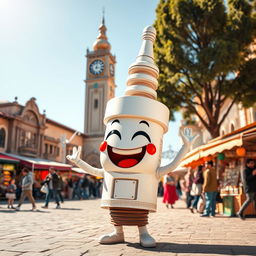A joyful spark plug character with a big smile, set in the picturesque Clock Square of Sari city in Mazandaran province, Iran