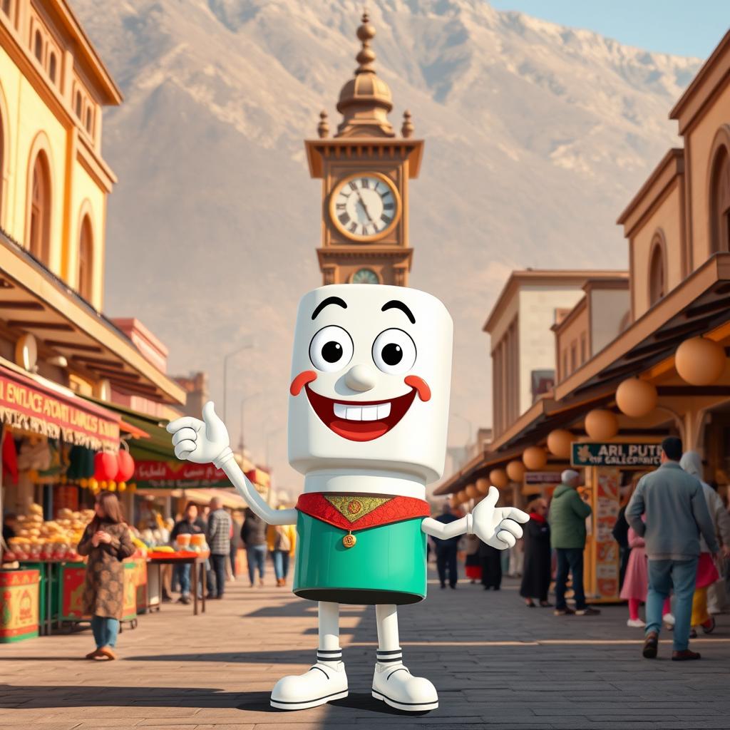 A cheerful and animated spark plug character with a broad smile, set in the bustling Clock Square of Sari city in Mazandaran province, Iran