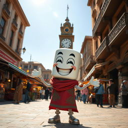 A cheerful and animated spark plug character with a broad smile, set in the bustling Clock Square of Sari city in Mazandaran province, Iran