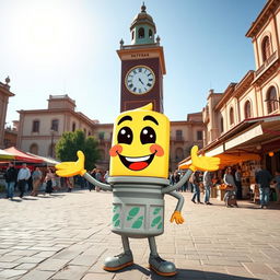 A cheerful and animated spark plug character with a broad smile, set in the bustling Clock Square of Sari city in Mazandaran province, Iran