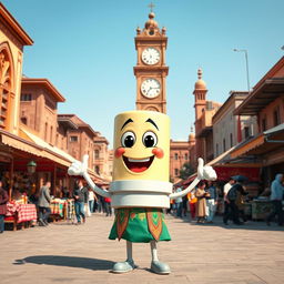 A cheerful and animated spark plug character with a broad smile, set in the bustling Clock Square of Sari city in Mazandaran province, Iran