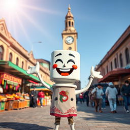 A joyful spark plug character with an enthusiastic expression, set against the backdrop of the iconic Clock Square in Sari city, Mazandaran province, Iran